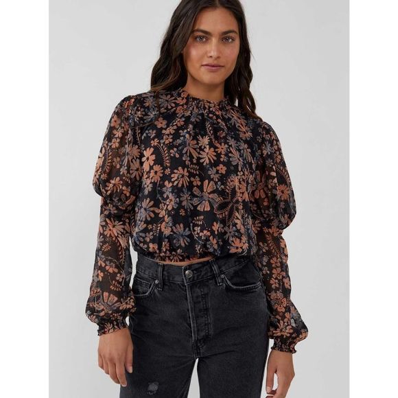Tops - Free People Clarissa Printed Top in Midnight Long Sleeve High Neck Top XS EUC